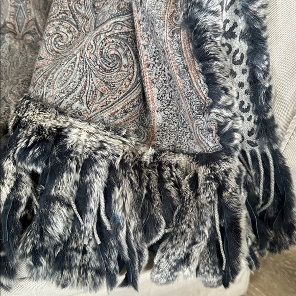 Luxury Gray Blue Cashmere Reversible Leopard Paisley Print Rabbit Fur Scarf Wrap - Picture 9 of 12
